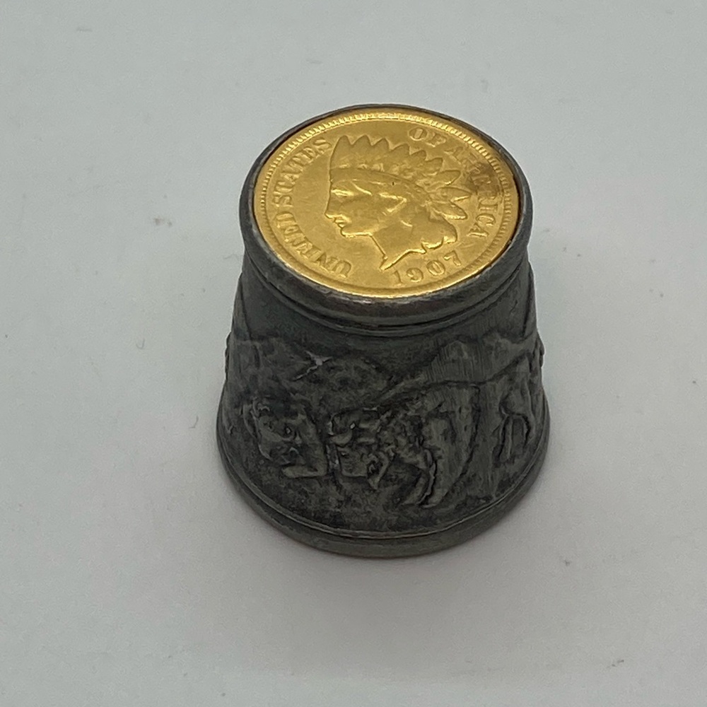 Vtg Native American Buffalo Teepee Theme Thimble w American 1900 One Cent Coin